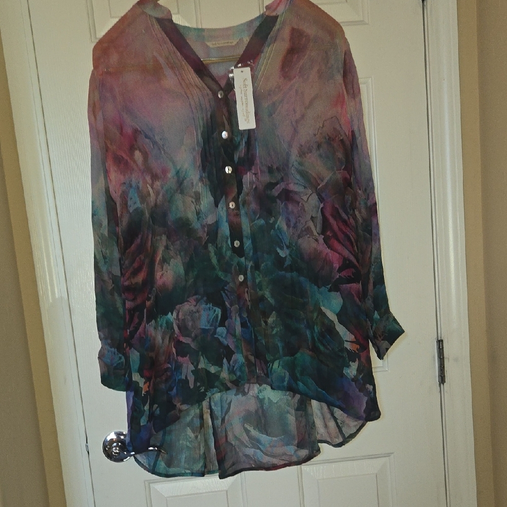 Soft Surroundings NWT LG Blue & Red Tunic Sailor Collar Blouse Pearly Button Up - Picture 3 of 6